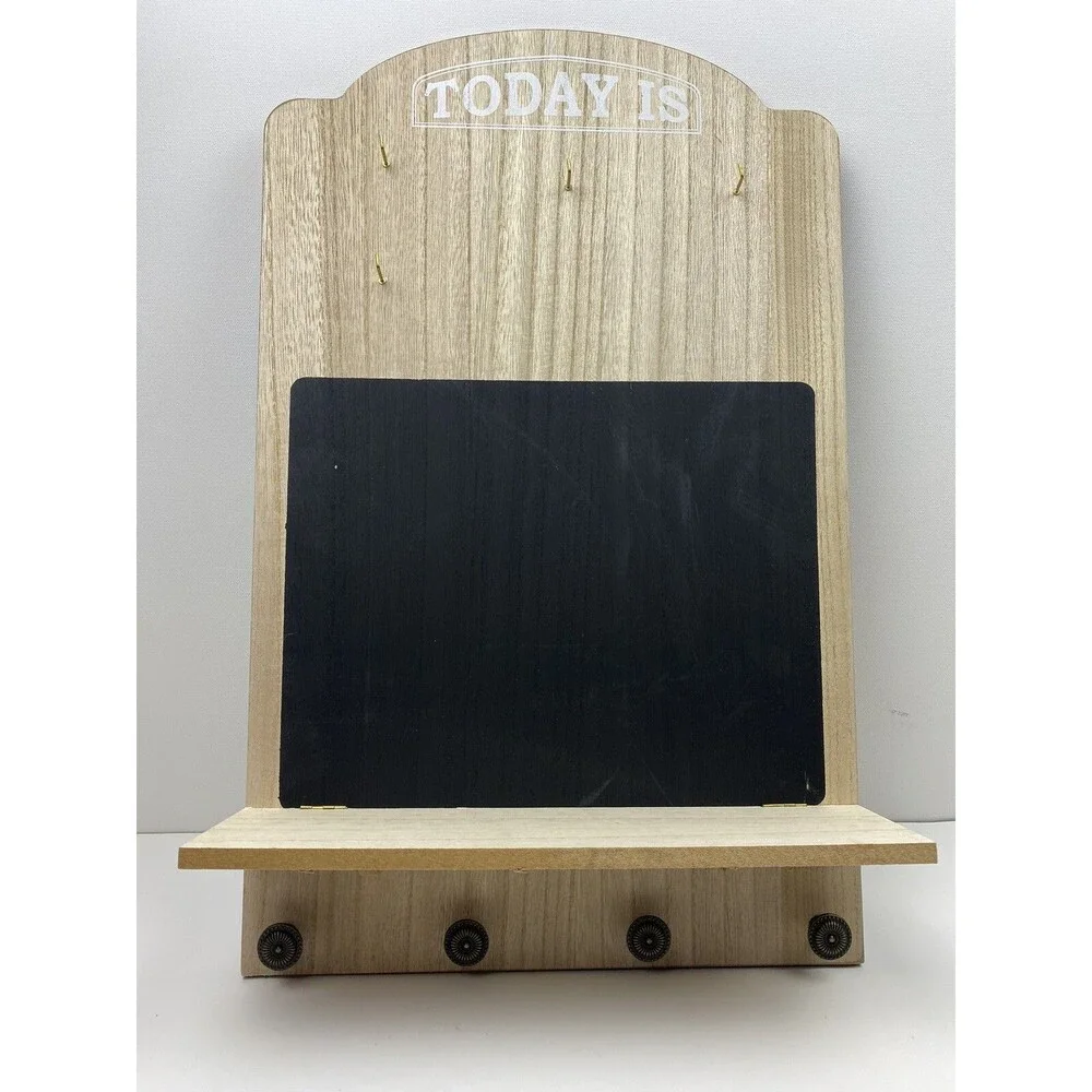 Wall Mounted Wooden Shelf Chalkboard Calendar Decor Display 4 Hooks Brown - New